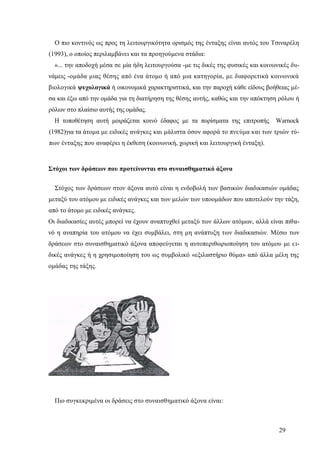 29
Ο πιο κοντινός ως προς τη λειτουργικότητα ορισμός της ένταξης είναι αυτός του Τσιναρέλη
(1993), ο οποίος περιλαμβάνει και τα προηγούμενα στάδια:
«... την αποδοχή μέσα σε μία ήδη λειτουργούσα -με τις δικές της φυσικές και κοινωνικές δυ-
νάμεις -ομάδα μιας θέσης από ένα άτομο ή από μια κατηγορία, με διαφορετικά κοινωνικά
βιολογικά ψυχολογικά ή οικονομικά χαρακτηριστικά, και την παροχή κάθε είδους βοήθειας μέ-
σα και έξω από την ομάδα για τη διατήρηση της θέσης αυτής, καθώς και την απόκτηση ρόλου ή
ρόλων στο πλαίσιο αυτής της ομάδας.
Η τοποθέτηση αυτή μοιράζεται κοινό έδαφος με τα πορίσματα της επιτροπής Warnock
(1982)για τα άτομα με ειδικές ανάγκες και μάλιστα όσον αφορά το πνεύμα και των τριών τύ-
πων ένταξης που αναφέρει η έκθεση (κοινωνική, χωρική και λειτουργική ένταξη).
Στόχοι των δράσεων που προτείνονται στο συναισθηματικό άξονα
Στόχος των δράσεων στον άξονα αυτό είναι η ενδοβολή των βασικών διαδικασιών ομάδας
μεταξύ του ατόμου με ειδικές ανάγκες και των μελών των υποομάδων που αποτελούν την τάξη,
από το άτομο με ειδικές ανάγκες.
Οι διαδικασίες αυτές μπορεί να έχουν αναπτυχθεί μεταξύ των άλλων ατόμων, αλλά είναι πιθα-
νό η αναπηρία του ατόμου να έχει συμβάλει, στη μη ανάπτυξη των διαδικασιών. Μέσω των
δράσεων στο συναισθηματικό άξονα αποφεύγεται η αυτοπεριθωριοποίηση του ατόμου με ει-
δικές ανάγκες ή η χρησιμοποίηση του ως συμβολικό «εξιλαστήριο θύμα» από άλλα μέλη της
ομάδας της τάξης.
Πιο συγκεκριμένα οι δράσεις στο συναισθηματικό άξονα είναι:
 