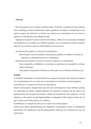 33
Ανάλυση
Πιο συγκεκριμένα για το τέταρτο γνωστικό στάδιο "Ανάλυση" ο μαθητής και πολύ περισσό-
τερο ο μαθητής με ειδικές εκπαιδευτικές ανάγκες χρειάζεται να μπορεί να ανακαλύπτει τα επι-
μέρους στοιχεία που αποτελούν το σύνολο της γνώσης για τα επαγγέλματα και τον εαυτό σε
σχέση με τα επαγγέλματα στην καθημερινότητα.
Χρειάζεται να μπορεί να κρίνει γεγονότα και απόψεις,, καθώς και να αναγνωρίζει τα βήματα
που χρειάζονται για να φτιάξει μια "υπόθεση εργασίας", είτε για γνώση που αφορά τα επαγγέλ-
ματα είτε για γνώση που αφορά τα επαγγέλματα και τον εαυτό του:
α) ανάλυση όσον αφορά τη γνώση για τα επαγγέλματα
Ποια στοιχεία ενός συγκεκριμένου επαγγέλματος μπορούν να ωθήσουν το άτομο να
αναπτύξει τις δραστηριότητες που το ενδιαφέρουν;
β) ανάλυση όσον αφορά τη γνώση του εαυτού σε σχέση με τα επαγγέλματα
Ποια στοιχεία θα με βοηθήσουν να αναπτύξω τις ικανότητες που χρειάζεται το συγκεκ-
ριμένο επάγγελμα;
Πώς μπορώ να αξιοποιήσω καλύτερα τις κλίσεις μου και τις ιδιαίτερες ικανότητες μου;
Σύνθεση
Η "Σύνθεση" εδώ αφορά των ανασυνδυασμό των επιμέρους στοιχείων της γνώσης που αφορούν
είτε τα επαγγέλματα είτε τον εαυτό και τα επαγγέλματα σε καινούρια γνωστικά σχήματα:
α) σύνθεση σε ό,τι αφορά τη γνώση για τα επαγγέλματα
Εύρεση επαγγελμάτων διαφορετικών από αυτά που υποστηρίζονταν στην υπόθεση εργασίας
του προηγούμενου σταδίου, δηλαδή απόρριψη των επιμέρους στοιχείων που δεν ισχύουν και
χρησιμοποίηση των στοιχείων που ισχύουν, καθώς και ενσωμάτωση νέων ευρημάτων. Για πα-
ράδειγμα, αν δεν μπορώ να είμαι δημοσιογράφος σε εφημερίδα τι άλλο μπορώ να κάνω που να
έχει να κάνει με σύνταξη κειμένων και ειδήσεις;
β) σύνθεση σε ό,τι αφορά τη γνώση για τον εαυτό και τα επαγγέλματα
Εύρεση νέων τρόπων χρησιμοποίησης των υπαρχόντων «προσωπικών» πόρων σε διαφορετικές
καταστάσεις. Για παράδειγμα, πώς θα χρησιμοποιήσω καλύτερα την ικανότητα που έχω στο
γραπτό λόγο;
 