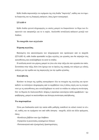 52
Κάθε δυάδα παρουσιάζει τα ευρήματα της στη δυάδα "παρτενέρ", καθώς και τα σημε-
ία διαφωνίας και τις διαφορές απόψεων, όπως έχουν καταγραφεί.
ΣΤΑΔΙΟ 4
Κάθε δυάδα ερευνά πληροφορίες οι οποίες μπορεί να διαφωτίσουν το θέμα των δι-
αφωνιών και αποφασίζει για το τι ισχύει. Ακολουθεί ανταλλαγή απόψεων μεταξύ των
δυάδων.
Το παιχνίδι των αγγελιών
Εύρεση αγγελίας
Βασισμένη στα αποτελέσματα των πληροφοριών που προέκυψαν από το παιχνίδι
(ΣΤΑΔΙΟ 4), κάθε δυάδα προσπαθεί να βρει αγγελίες για εργασίες που θα ταίριαζαν στις
κατευθύνσεις που αναλλάχθηκαν σε αυτό το στάδιο.
Η εκτέλεση αυτού του μέρους μπορεί να γίνει είτε στην τάξη είτε σαν εργασία στο σπίτι.
Συνιστάται στην τάξη, διότι έτσι έχουμε και το όφελος της επαφής του ατόμου με ειδικές
ανάγκες με την ομάδα και της παραγωγής για την ομάδα εργασίας.
Επαλήθευση
Κατόπιν τα άτομα της ομάδας καταγράφουν όλα τα στοιχεία της αγγελίας και προσ-
παθούν να συλλέξουν πληροφορίες από το περιβάλλον τους ή άλλες πηγές και τις συγκρί-
νουν με τις κατευθύνσεις που ανταλλάχθηκαν σε αυτό το στάδιο σε επόμενη συνάντηση.
Εάν τα θέματα δε διαλευκανθούν πλήρως ή προκύψει καινούργιο πεδίο αμφιβολιών / αμ-
φισβήτησης, μπορεί να ακολουθήσει και δεύτερη συνάντηση επαλήθευσης.
Το πορτοφόλιο
Είναι μια διαδικασία κατά την οποία κάθε μαθητής τοποθετεί σε ειδικό ντοσιέ το υλι-
κό, καθώς και τα ευρήματα του από κάθε άσκηση - παιχνίδι, αλλά και άλλα πράγματα,
όπως;
-Κατάλογος βιβλίων που έχει διαβάσει
-Εξώφυλλα ή φωτοτυπίες αγαπημένων δίσκων
-Πιστοποιητικά από εξωσχολικές δραστηριότητες
 