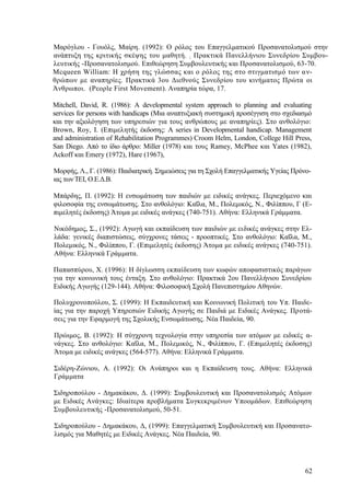 62
Μαρόγλου - Γουόλς, Μαίρη. (1992): Ο ρόλος του Επαγγελματικού Προσανατολισμού στην
ανάπτυξη της κριτικής σκέψης του μαθητή. ; Πρακτικά Πανελλήνιου Συνεδρίου Συμβου-
λευτικής -Προσανατολισμού. Επιθεώρηση Συμβουλευτικής και Προσανατολισμού, 63-70.
Mcqueen William: Η χρήση της γλώσσας και ο ρόλος της στο στιγματισμό των αν-
θρώπων με αναπηρίες. Πρακτικά 3ου Διεθνούς Συνεδρίου του κινήματος Πρώτα οι
Άνθρωποι. (Ρεορle First Movement). Αναπηρία τώρα, 17.
Mitchell, David, R. (1986): Α developmental system approach to planning and evaluating
services for persons with handicaps (Μια αναπτυξιακή συστημική προσέγγιση στο σχεδιασμό
και την αξιολόγηση των υπηρεσιών για τους ανθρώπους με αναπηρίες). Στο ανθολόγιο:
Βrown, Roy, Ι. (Επιμελητής έκδοσης: A series in Developmental handicap. Management
and administration of Rehabilitation Programmes) Croom Helm, London, College Hill Press,
San Diego. Από το ίδιο άρθρο: Μiller (1978) και τους Ramey, ΜcPhee και Υates (1982),
Αckoff και Εmery (1972), Ηare (1967),
Μορφής, Λ., Γ. (1986): Παιδιατρική. Σημειώσεις για τη Σχολή Επαγγελματικής Υγείας Πρόνο-
ιας των ΊΈΙ, Ο.Ε.Δ.Β.
Μπάρδης, Π. (1992): Η ενσωμάτωση των παιδιών με ειδικές ανάγκες. Περιεχόμενο και
φιλοσοφία της ενσωμάτωσης. Στο ανθολόγιο: Καΐλα, Μ., Πολεμικός, Ν., Φιλίππου, Γ (Ε-
πιμελητές έκδοσης) Άτομα με ειδικές ανάγκες (740-751). Αθήνα: Ελληνικά Γράμματα.
Νικόδημος, Σ., (1992): Αγωγή και εκπαίδευση των παιδιών με ειδικές ανάγκες στην Ελ-
λάδα: γενικές διαπιστώσεις, σύγχρονες τάσεις - προοπτικές. Στο ανθολόγιο: Καΐλα, Μ.,
Πολεμικός, Ν., Φιλίππου, Γ. (Επιμελητές έκδοσης) Άτομα με ειδικές ανάγκες (740-751).
Αθήνα: Ελληνικά Γράμματα.
Παπασπύρου, Χ. (1996): Η δίγλωσση εκπαίδευση των κωφών αποφασιστικός παράγων
για την κοινωνική τους ένταξη. Στο ανθολόγιο: Πρακτικά 2ου Πανελλήνιου Συνεδρίου
Ειδικής Αγωγής (129-144). Αθήνα: Φιλοσοφική Σχολή Πανεπιστημίου Αθηνών.
Πολυχρονοπούλου, Σ. (1999): Η Εκπαιδευτική και Κοινωνική Πολιτική του Υπ. Παιδε-
ίας για την παροχή Υπηρεσιών Ειδικής Αγωγής σε Παιδιά με Ειδικές Ανάγκες. Προτά-
σεις για την Εφαρμογή της Σχολικής Ενσωμάτωσης. Νέα Παιδεία, 90.
Πρώιμος, Β. (1992): Η σύγχρονη τεχνολογία στην υπηρεσία των ατόμων με ειδικές α-
νάγκες. Στο ανθολόγιο: Καΐλα, Μ., Πολεμικός, Ν., Φιλίππου, Γ. (Επιμελητές έκδοσης)
Άτομα με ειδικές ανάγκες (564-577). Αθήνα: Ελληνικά Γράμματα.
Σιδέρη-Ζώνιου, Α. (1992): Οι Ανάπηροι και η Εκπαίδευση τους. Αθήνα: Ελληνικά
Γράμματα
Σιδηροπούλου - Δημακάκου, Δ. (1999): Συμβουλευτική και Προσανατολισμός Ατόμων
με Ειδικές Ανάγκες: Ιδιαίτερα προβλήματα Συγκεκριμένων Υποομάδων. Επιθεώρηση
Συμβουλευτικής -Προσανατολισμού, 50-51.
Σιδηροπούλου - Δημακάκου, Δ, (1999): Επαγγελματική Συμβουλευτική και Προσανατο-
λισμός για Μαθητές με Ειδικές Ανάγκες. Νέα Παιδεία, 90.
 