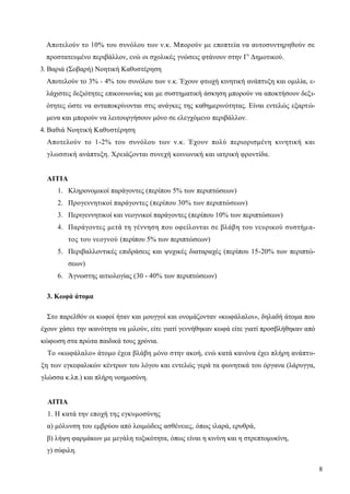 8
Αποτελούν το 10% του συνόλου των ν.κ. Μπορούν με εποπτεία να αυτοσυντηρηθούν σε
προστατευμένο περιβάλλον, ενώ οι σχολικές γνώσεις φτάνουν στην Γ' Δημοτικού.
3. Βαριά (Σοβαρή) Νοητική Καθυστέρηση
Αποτελούν το 3% - 4% του συνόλου των ν.κ. Έχουν φτωχή κινητική ανάπτυξη και ομιλία, ε-
λάχιστες δεξιότητες επικοινωνίας και με συστηματική άσκηση μπορούν να αποκτήσουν δεξι-
ότητες ώστε να ανταποκρίνονται στις ανάγκες της καθημερινότητας. Είναι εντελώς εξαρτώ-
μενα και μπορούν να λειτουργήσουν μόνο σε ελεγχόμενο περιβάλλον.
4. Βαθιά Νοητική Καθυστέρηση
Αποτελούν το 1-2% του συνόλου των ν.κ. Έχουν πολύ περιορισμένη κινητική και
γλωσσική ανάπτυξη. Χρειάζονται συνεχή κοινωνική και ιατρική φροντίδα.
ΑΙΤΙΑ
1. Κληρονομικοί παράγοντες (περίπου 5% των περιπτώσεων)
2. Προγεννητικοί παράγοντες (περίπου 30% των περιπτώσεων)
3. Περιγεννητικοί και νεογνικοί παράγοντες (περίπου 10% των περιπτώσεων)
4. Παράγοντες μετά τη γέννηση που οφείλονται σε βλάβη του νευρικού συστήμα-
τος του νεογνού (περίπου 5% των περιπτώσεων)
5. Περιβαλλοντικές επιδράσεις και ψυχικές διαταραχές (περίπου 15-20% των περιπτώ-
σεων)
6. Άγνωστης αιτιολογίας (30 - 40% των περιπτώσεων)
3. Κωφά άτομα
Στο παρελθόν οι κωφοί ήταν και μουγγοί και ονομάζονταν «κωφάλαλοι», δηλαδή άτομα που
έχουν χάσει την ικανότητα να μιλούν, είτε γιατί γεννήθηκαν κωφά είτε γιατί προσβλήθηκαν από
κώφωση στα πρώτα παιδικά τους χρόνια.
Το «κωφάλαλο» άτομο έχεα βλάβη μόνο στην ακοή, ενώ κατά κανόνα έχει πλήρη ανάπτυ-
ξη των εγκεφαλικών κέντρων του λόγου και εντελώς γερά τα φωνητικά του όργανα (λάρυγγα,
γλώσσα κ.λπ.) και πλήρη νοημοσύνη.
ΑΙΤΙΑ
1. Η κατά την εποχή της εγκυμοσύνης
α) μόλυνση του εμβρύου από λοιμώδεις ασθένειες, όπως ιλαρά, ερυθρά,
β) λήψη φαρμάκων με μεγάλη τοξικότητα, όπως είναι η κινίνη και η στρεπτομυκίνη,
γ) σύφιλη.
 