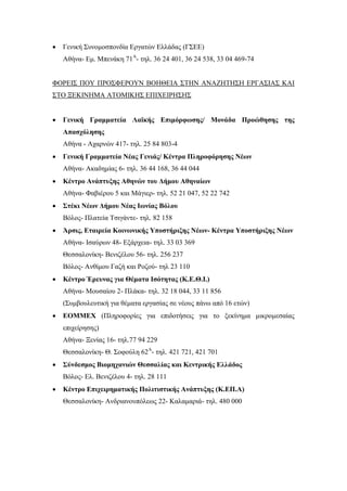  Γενική Συνομοσπονδία Εργατών Ελλάδας (ΓΣΕΕ)
Αθήνα- Εμ. Μπενάκη 71Α
- τηλ. 36 24 401, 36 24 538, 33 04 469-74
ΦΟΡΕΙΣ ΠΟΥ ΠΡΟΣΦΕΡΟΥΝ ΒΟΗΘΕΙΑ ΣΤΗΝ ΑΝΑΖΗΤΗΣΗ ΕΡΓΑΣΙΑΣ ΚΑΙ
ΣΤΟ ΞΕΚΙΝΗΜΑ ΑΤΟΜΙΚΗΣ ΕΠΙΧΕΙΡΗΣΗΣ
 Γενική Γραμματεία Λαϊκής Επιμόρφωσης/ Μονάδα Προώθησης της
Απασχόλησης
Αθήνα - Αχαρνών 417- τηλ. 25 84 803-4
 Γενική Γραμματεία Νέας Γενιάς/ Κέντρα Πληροφόρησης Νέων
Αθήνα- Ακαδημίας 6- τηλ. 36 44 168, 36 44 044
 Κέντρο Ανάπτυξης Αθηνών του Δήμου Αθηναίων
Αθήνα- Φαβιέρου 5 και Μάγιερ- τηλ. 52 21 047, 52 22 742
 Στέκι Νέων Δήμου Νέας Ιωνίας Βόλου
Βόλος- Πλατεία Τσιγάντε- τηλ. 82 158
 Άρσις, Εταιρεία Κοινωνικής Υποστήριξης Νέων- Κέντρα Υποστήριξης Νέων
Αθήνα- Ισαύρων 48- Εξάρχεια- τηλ. 33 03 369
Θεσσαλονίκη- Βενιζέλου 56- τηλ. 256 237
Βόλος- Ανθίμου Γαζή και Ροζού- τηλ 23 110
 Κέντρο Έρευνας για Θέματα Ισότητας (Κ.Ε.Θ.Ι.)
Αθήνα- Μουσαίου 2- Πλάκα- τηλ. 32 18 044, 33 11 856
(Συμβουλευτική για θέματα εργασίας σε νέους πάνω από 16 ετών)
 ΕΟΜΜΕΧ (Πληροφορίες για επιδοτήσεις για το ξεκίνημα μικρομεσαίας
επιχείρησης)
Αθήνα- Ξενίας 16- τηλ.77 94 229
Θεσσαλονίκη- Θ. Σοφούλη 62Α
- τηλ. 421 721, 421 701
 Σύνδεσμος Βιομηχανιών Θεσσαλίας και Κεντρικής Ελλάδος
Βόλος- Ελ. Βενιζέλου 4- τηλ. 28 111
 Κέντρο Επιχειρηματικής Πολιτιστικής Ανάπτυξης (Κ.ΕΠ.Α)
Θεσσαλονίκη- Ανδριανουπόλεως 22- Καλαμαριά- τηλ. 480 000
 