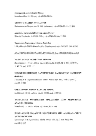 Νομαρχιακή Αυτοδιοίκηση Ηλείας
Μανωλοπούλου 32- Πύργος- τηλ. (2621) 34 026
ΚΕΜΟΠ Ο ΠΛΑΤΩΝ ΝΑΥΠΑΚΤΟΥ
Παλαιοπαναγιά Ναυπάκτου- 30 300- Ναύπακτος- τηλ. (2634) 23 431- 29 486
Δημοτικός Οργανισμός Πρόνοιας Δήμου Ροδίων
Πλατεία Ελευθερίας 1- 85100- Ρόδος- τηλ. (2241) 26 846- 25 790
Οργανισμός Δημόσιας Αντίληψης Ζακύνθου
Ι. Μιχαλίτση 1- 29100- Ζάκυνθος (Αγ. Χαράλαμπος)- τηλ. (2695) 22 296- 42 540
ΑΝΑΓΝΩΡΙΣΜΕΝΟΙ ΣΥΛΛΟΓΟΙ, ΣΥΝΔΕΣΜΟΙ ΚΑΙ ΟΜΟΣΠΟΝΔΙΕΣ ΑΜΕΑ
ΠΑΝΕΛΛΗΝΙΟΣ ΣΥΝΔΕΣΜΟΣ ΤΥΦΛΩΝ
Βερανζέρου 31- 10432- Αθήνα- τηλ. 52 28 333, 52 28 365, 52 45 445, 52 45 001,
52 45 578, φαξ 52 22 112
ΕΘΝΙΚΗ ΟΜΟΣΠΟΝΔΙΑ ΠΑΡΑΠΛΗΓΙΚΩΝ ΚΑΙ ΚΙΝΗΤΙΚΑ ΑΝΑΠΗΡΩΝ
(ΕΟΠΚΑ)
Γιάνναρη 30 & Παρασκευοπούλου- 10445- Αθήνα- τηλ. 83 12 740, 83 27 011,
φαξ 83 10 344
ΟΜΟΣΠΟΝΔΙΑ ΚΩΦΩΝ ΕΛΛΑΔΑΣ (ΟΜΚΕ)
Μυλλέρου 1- 10436- Αθήνα- τηλ. 52 33 950, φαξ 52 33 968
ΠΑΝΕΛΛΗΝΙΑ ΟΜΟΣΠΟΝΔΙΑ ΠΑΣΧΟΝΤΩΝ ΑΠΟ ΜΕΣΟΓΕΙΑΚΗ
ΑΝΑΙΜΙΑ (ΠΟΣΜΑ)
Μακεδονίας 11- 10433- Αθήνα, τηλ. & φαξ 82 14 140
ΠΑΝΕΛΛΗΝΙΟΣ ΣΥΛΛΟΓΟΣ ΝΕΦΡΟΠΑΘΩΝ ΥΠΟ ΑΙΜΟΚΑΘΑΡΣΗ Ή
ΜΕΤΑΜΟΣΧΕΥΣΗ
Καλλισπέρη 32 & Προπυλαίων- 11742- Αθήνα- τηλ. 92 32 313, 92 32 090,
φαξ 92 38 167
 