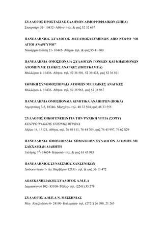 ΣΥΛΛΟΓΟΣ ΠΡΟΣΤΑΣΙΑΣ ΕΛΛΗΝΩΝ ΑΙΜΟΡΡΟΦΙΛΙΚΩΝ (ΣΠΕΑ)
Στουρνάρη 51- 10432- Αθήνα- τηλ. & φαξ 52 32 667
ΠΑΝΕΛΛΗΝΙΟΣ ΣΥΛΛΟΓΟΣ ΜΕΤΑΜΟΣΧΕΥΜΕΝΩΝ ΑΠΌ ΝΕΦΡΟ "ΟΙ
ΑΓΙΟΙ ΑΝΑΡΓΥΡΟΙ"
Ναυάρχου Βότση 21- 10445- Αθήνα- τηλ. & φαξ 85 41 600
ΠΑΝΕΛΛΗΝΙΑ ΟΜΟΣΠΟΝΔΙΑ ΣΥΛΛΟΓΩΝ ΓΟΝΕΩΝ ΚΑΙ ΚΗΔΕΜΟΝΩΝ
ΑΤΟΜΩΝ ΜΕ ΕΙΔΙΚΕΣ ΑΝΑΓΚΕΣ (ΠΟΣΓΚΑΜΕΑ)
Μυλλέρου 1- 10436- Αθήνα- τηλ. 52 36 501, 52 30 423, φαξ 52 36 501
ΕΘΝΙΚΗ ΣΥΝΟΜΟΣΠΟΝΔΙΑ ΑΤΟΜΩΝ ΜΕ ΕΙΔΙΚΕΣ ΑΝΑΓΚΕΣ
Μυλλέρου 1- 10436- Αθήνα- τηλ. 52 38 961, φαξ 52 38 967
ΠΑΝΕΛΛΗΝΙΑ ΟΜΟΣΠΟΝΔΙΑ ΚΙΝΗΤΙΚΑ ΑΝΑΠΗΡΩΝ (ΠΟΚΑ)
Δημητσάνη 3-5, 18346- Μοσχάτο- τηλ. 48 32 564, φαξ 48 33 555
ΣΥΛΛΟΓΟΣ ΟΙΚΟΓΕΝΕΙΩΝ ΓΙΑ ΤΗΝ ΨΥΧΙΚΗ ΥΓΕΙΑ (ΣΟΨΥ)
ΚΕΝΤΡΟ ΨΥΧΙΚΗΣ ΥΓΙΕΙΝΗΣ ΒΥΡΩΝΑ
Δήλου 14, 16121, Αθήνα, τηλ. 76 40 111, 76 44 705, φαξ 76 43 997, 76 62 829
ΠΑΝΕΛΛΗΝΙΑ ΟΜΟΣΠΟΝΔΙΑ ΣΩΜΑΤΕΙΩΝ ΣΥΛΛΟΓΩΝ ΑΤΟΜΩΝ ΜΕ
ΣΑΚΧΑΡΩΔΗ ΔΙΑΒΗΤΗ
Γαλήνης 7Α
- 14654- Κηφισιά- τηλ. & φαξ 61 43 985
ΠΑΝΕΛΛΗΝΙΟΣ ΣΥΝΔΕΣΜΟΣ ΧΑΝΣΕΝΙΚΩΝ
Δωδεκανήσου 1- Αγ. Βαρβάρα- 12351- τηλ. & φαξ 56 13 472
ΔΩΔΕΚΑΝΗΣΙΑΚΟΣ ΣΥΛΛΟΓΟΣ Α.Μ.Ε.Α
Δαμασκηνού 102- 85100- Ρόδος- τηλ. (2241) 33 278
ΣΥΛΛΟΓΟΣ Α.Μ.Ε.Α Ν. ΜΕΣΣΗΝΙΑΣ
Μεγ. Αλεξάνδρου 6- 24100- Καλαμάτα- τηλ. (2721) 26 098, 21 265
 