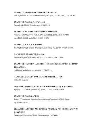 ΣΥΛΛΟΓΟΣ ΝΕΦΡΟΠΑΘΩΝ ΒΟΡΕΙΟΥ ΕΛΛΑΔΑΣ
Βασ. Ηρακλείου 37- 54624- Θεσσαλονίκη- τηλ. (231) 222 821, φαξ (231) 240 095
ΣΥΛΛΟΓΟΣ Α.Μ.Ε.Α. Ν. ΑΡΚΑΔΙΑΣ
Λαγοπάτη 4- 22100- Τρίπολη- τηλ. (271) 25 450
ΣΥΛΛΟΓΟΣ ΑΝΑΠΗΡΩΝ ΠΟΛΙΤΩΝ Ν. ΚΟΖΑΝΗΣ
ΠΝΕΥΜΑΤΙΚΟ ΚΕΝΤΡΟ ΤΟΥ Δ. ΠΤΟΛΕΜΑΪΔΑΣ ΠΕΡΓΑΜΟΥ ΤΕΡΜΑ
τηλ. (2463) 26 611, φαξ (2463) 20 835, 53 176
ΣΥΛΛΟΓΟΣ Α.Μ.Ε.Α. Ν. ΗΛΕΙΑΣ
Φιλικής Εταιρίας 8- 27200- Δημαρχείο Αμαλιάδας- τηλ. (2622) 23 923, 26 030
ΠΑΓΧΙΑΚΟΣ ΣΥΛΛΟΓΟΣ Α.Μ.Ε.Α.
Δημοκρατίας 8- 82100- Χίος- τηλ. (2271) 24 194, 44 250, 22 556
ΣΥΛΛΟΓΟΣ "ΑΓΑΠΗ" ΑΤΟΜΩΝ- ΓΟΝΕΩΝ- ΚΗΔΕΜΟΝΩΝ & ΦΙΛΩΝ
ΤΩΝ Α.Μ.Ε.Α.
Πολύγυρος Χαλκιδικής- 63100- τηλ. (2371) 22 339
ΠΑΝΘΕΣΣΑΛΙΚΟΣ ΣΥΛΛΟΓΟΣ ΑΝΑΠΗΡΩΝ ΠΟΛΙΤΩΝ
Βόλου 80- Λάρισα
ΣΩΜΑΤΕΙΟ ΑΤΟΜΩΝ ΜΕ ΚΙΝΗΤΙΚΑ ΠΡΟΒΛΗΜΑΤΑ Ν. ΚΑΡΔΙΤΣΑ
Αβέρωφ 17- 43100- Καρδίτσα- τηλ. (2441) 71 761, 22 403, 28 524
ΣΥΛΛΟΓΟΣ Α.Μ.Ε.Α ΑΡΤΑΣ
Έναντι 7ου
Δημοτικού Σχολείου Άρτας (περιοχή Τριγώνου)- 47100- Άρτα-
τηλ. (2681) 78 565
ΣΩΜΑΤΕΙΟ ΑΤΟΜΩΝ ΜΕ ΕΙΔΙΚΕΣ ΑΝΑΓΚΕΣ "ΟΙ ΠΟΠΟΛΑΡΟΙ" Ν.
ΖΑΚΥΝΘΟΥ
Διοικητήριο Ζακύνθου- 29100- Ζάκυνθος- τηλ. (2695) 48 435
 