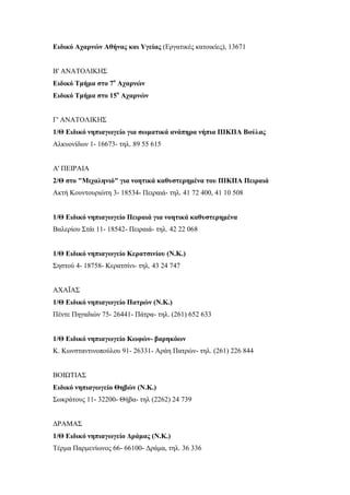 Ειδικό Αχαρνών Αθήνας και Υγείας (Εργατικές κατοικίες), 13671
Β' ΑΝΑΤΟΛΙΚΗΣ
Ειδικό Τμήμα στο 7ο
Αχαρνών
Ειδικό Τμήμα στο 15ο
Αχαρνών
Γ' ΑΝΑΤΟΛΙΚΗΣ
1/Θ Ειδικό νηπιαγωγείο για σωματικά ανάπηρα νήπια ΠΙΚΠΑ Βούλας
Αλκυονίδων 1- 16673- τηλ. 89 55 615
Α' ΠΕΙΡΑΙΑ
2/Θ στο "Μιχαληνιό" για νοητικά καθυστερημένα του ΠΙΚΠΑ Πειραιά
Ακτή Κουντουριώτη 3- 18534- Πειραιά- τηλ. 41 72 400, 41 10 508
1/Θ Ειδικό νηπιαγωγείο Πειραιά για νοητικά καθυστερημένα
Βαλερίου Στάι 11- 18542- Πειραιά- τηλ. 42 22 068
1/Θ Ειδικό νηπιαγωγείο Κερατσινίου (Ν.Κ.)
Σηστού 4- 18758- Κερατσίνι- τηλ. 43 24 747
ΑΧΑΪΑΣ
1/Θ Ειδικό νηπιαγωγείο Πατρών (Ν.Κ.)
Πέντε Πηγαδιών 75- 26441- Πάτρα- τηλ. (261) 652 633
1/Θ Ειδικό νηπιαγωγείο Κωφών- βαρηκόων
Κ. Κωνσταντινοπούλου 91- 26331- Αράη Πατρών- τηλ. (261) 226 844
ΒΟΙΩΤΙΑΣ
Ειδικό νηπιαγωγείο Θηβών (Ν.Κ.)
Σωκράτους 11- 32200- Θήβα- τηλ (2262) 24 739
ΔΡΑΜΑΣ
1/Θ Ειδικό νηπιαγωγείο Δράμας (Ν.Κ.)
Τέρμα Παρμενίωνος 66- 66100- Δράμα, τηλ. 36 336
 