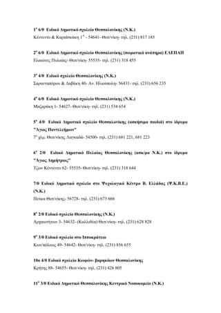 1ο
6/θ Ειδικό Δημοτικό σχολείο Θεσσαλονίκης (Ν.Κ.)
Κέννεντυ & Καραϊσκάκη 1Α
- 54641- Θεσ/νίκη- τηλ. (231) 817 185
2ο
6/θ Ειδικό Δημοτικό σχολείο Θεσσαλονίκης (σωματικά ανάπηρα) ΕΛΕΠΑΠ
Ελαιώνες Πυλαίας- Θεσ/νίκη- 55535- τηλ. (231) 318 455
3ο
4/θ Ειδικό σχολείο Θεσσαλονίκης (Ν.Κ.)
Σαρανταπόρου & Δαβάκη 40- Αν. Ηλιούπολη- 56431- τηλ. (231) 656 235
4ο
6/θ Ειδικό Δημοτικό σχολείο Θεσσαλονίκης (Ν.Κ.)
Μαζαράκη 1- 54627- Θεσ/νίκη- τηλ. (231) 534 654
5ο
4/θ Ειδικό Δημοτικό σχολείο Θεσσαλονίκης (ασκήσιμα παιδιά) στο ίδρυμα
"Άγιος Παντελεήμων"
7ο
χλμ. Θεσ/νίκης Λαγκαδά- 54500- τηλ. (231) 681 221, 681 223
6ο
2/θ Ειδικό Δημοτικό Πυλαίας Θεσσαλονίκης (ασκ/μα Ν.Κ.) στο ίδρυμα
"Άγιος Δημήτριος"
Τζων Κέννεντυ 62- 55535- Θεσ/νίκη- τηλ. (231) 318 644
7/θ Ειδικό Δημοτικό σχολείο στο Ψυχολογικό Κέντρο Β. Ελλάδας (Ψ.Κ.Β.Ε.)
(Ν.Κ.)
Πεύκα Θεσ/νίκης- 56728- τηλ. (231) 673 666
8ο
2/θ Ειδικό σχολείο Θεσσαλονίκης (Ν.Κ.)
Αρχαιοτήτων 3- 54632- (Καλλιθέα) Θεσ/νίκη- τηλ. (231) 628 828
9ο
3/θ Ειδικό σχολείο στο Ιπποκράτειο
Κων/πόλεως 49- 54642- Θεσ/νίκη- τηλ. (231) 856 655
10ο 4/θ Ειδικό σχολείο Κωφών- βαρηκόων Θεσσαλονίκης
Κρήτης 88- 54655- Θεσ/νίκη- τηλ. (231) 426 805
11ο
3/θ Ειδικό Δημοτικό Θεσσαλονίκης Κεντρικό Νοσοκομείο (Ν.Κ.)
 