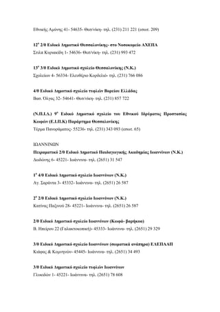 Εθνικής Αμύνης 41- 54635- Θεσ/νίκη- τηλ. (231) 211 221 (εσωτ. 209)
12ο
2/θ Ειδικό Δημοτικό Θεσσαλονίκης- στο Νοσοκομείο ΑΧΕΠΑ
Στιλπ Κυριακίδη 1- 54636- Θεσ/νίκη- τηλ. (231) 993 472
13ο
3/θ Ειδικό Δημοτικό σχολείο Θεσσαλονίκης (Ν.Κ.)
Σχολείων 4- 56334- Ελευθέριο Κορδελιό- τηλ. (231) 766 086
4/θ Ειδικό Δημοτικό σχολείο τυφλών Βορείου Ελλάδας
Βασ. Όλγας 32- 54641- Θεσ/νίκη- τηλ. (231) 857 722
(Ν.Π.Ι.Δ.) 9ο
Ειδικό Δημοτικό σχολείο του Εθνικού Ιδρύματος Προστασίας
Κωφών (Ε.Ι.Π.Κ) Παράρτημα Θεσσαλονίκης
Τέρμα Πανοράματος- 55236- τηλ. (231) 343 093 (εσωτ. 65)
ΙΩΑΝΝΙΝΩΝ
Πειραματικό 2/θ Ειδικό Δημοτικό Παιδαγωγικής Ακαδημίας Ιωαννίνων (Ν.Κ.)
Δωδώνης 6- 45221- Ιωάννινα- τηλ. (2651) 31 547
1ο
4/θ Ειδικό Δημοτικό σχολείο Ιωαννίνων (Ν.Κ.)
Αγ. Σαράντα 3- 45332- Ιωάννινα- τηλ. (2651) 26 587
2ο
2/θ Ειδικό Δημοτικό σχολείο Ιωαννίνων (Ν.Κ.)
Κατίνας Παξινού 28- 45221- Ιωάννινα- τηλ. (2651) 26 587
2/θ Ειδικό Δημοτικό σχολείο Ιωαννίνων (Κωφά- βαρήκοα)
Β. Ηπείρου 22 (Γαλακτοκοπική)- 45333- Ιωάννινα- τηλ. (2651) 29 329
3/θ Ειδικό Δημοτικό σχολείο Ιωαννίνων (σωματικά ανάπηρα) ΕΛΕΠΑΑΠ
Κιάφας & Κομνηνών- 45445- Ιωάννινα- τηλ. (2651) 34 493
3/θ Ειδικό Δημοτικό σχολείο τυφλών Ιωαννίνων
Γλυκιδών 1- 45221- Ιωάννινα- τηλ. (2651) 78 608
 