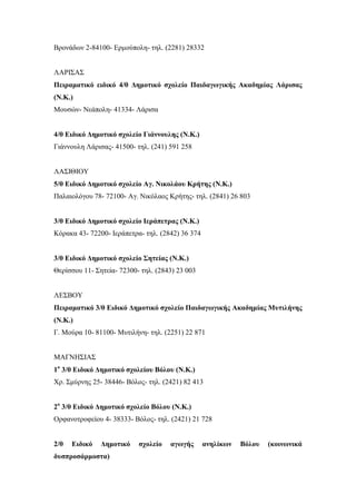 Βρονάδων 2-84100- Ερμούπολη- τηλ. (2281) 28332
ΛΑΡΙΣΑΣ
Πειραματικό ειδικό 4/θ Δημοτικό σχολείο Παιδαγωγικής Ακαδημίας Λάρισας
(Ν.Κ.)
Μουσών- Νεάπολη- 41334- Λάρισα
4/θ Ειδικό Δημοτικό σχολείο Γιάννουλης (Ν.Κ.)
Γιάννουλη Λάρισας- 41500- τηλ. (241) 591 258
ΛΑΣΙΘΙΟΥ
5/θ Ειδικό Δημοτικό σχολείο Αγ. Νικολάου Κρήτης (Ν.Κ.)
Παλαιολόγου 78- 72100- Αγ. Νικόλαος Κρήτης- τηλ. (2841) 26 803
3/θ Ειδικό Δημοτικό σχολείο Ιεράπετρας (Ν.Κ.)
Κόρακα 43- 72200- Ιεράπετρα- τηλ. (2842) 36 374
3/θ Ειδικό Δημοτικό σχολείο Σητείας (Ν.Κ.)
Θερίσσου 11- Σητεία- 72300- τηλ. (2843) 23 003
ΛΕΣΒΟΥ
Πειραματικό 3/θ Ειδικό Δημοτικό σχολείο Παιδαγωγικής Ακαδημίας Μυτιλήνης
(Ν.Κ.)
Γ. Μούρα 10- 81100- Μυτιλήνη- τηλ. (2251) 22 871
ΜΑΓΝΗΣΙΑΣ
1ο
3/θ Ειδικό Δημοτικό σχολείου Βόλου (Ν.Κ.)
Χρ. Σμύρνης 25- 38446- Βόλος- τηλ. (2421) 82 413
2ο
3/θ Ειδικό Δημοτικό σχολείο Βόλου (Ν.Κ.)
Ορφανοτροφείου 4- 38333- Βόλος- τηλ. (2421) 21 728
2/θ Ειδικό Δημοτικό σχολείο αγωγής ανηλίκων Βόλου (κοινωνικά
δυσπροσάρμοστα)
 