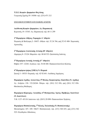 Τ.Ε.Ε. Κωφών- βαρηκόων Θες/νίκης
Γεωργικής Σχολής 95- 54500- τηλ. (231) 471 212
ΣΧΟΛΙΚΟΙ ΣΥΜΒΟΥΛΟΙ ΕΙΔΙΚΗΣ ΑΓΩΓΗΣ
Διεύθυνση Κωφών- βαρηκόων, Αγ. Παρασκευή
Κορυτσάς 19- 15343- Αγ. Παρασκευή- τηλ. 60 11 299
1η
Περιφέρεια Αθήνας, Νομαρχία Α' Αθηνών
Πειραιώς & Βούλγαρη 2- 10437- Αθήνα- τηλ. 52 26 766, φαξ 52 43 480- Χαρουπιάς
Αριστείδης
2η
Περιφέρεια Ανατολικής Αττικής (Β' Αθηνών)
Δήμητρος 8- 15124- Μαρούσι- τηλ. 80 68 533- Σπετσιώτης Ιωάννης
3η
Περιφέρεια Δυτικής Αττικής (Γ' Αθηνών)
Θηβών 357- 12244- Αιγάλεω- τηλ. 54 48 440- Παπακωνσταντίνου Κώστας
4η
Περιφέρεια (μέρος ΣΜΕΑ) Ν. Πειραιά
Σκουζέ 1- 18535- Πειραιάς- τηλ. 42 92 641- Λιοδάκης Δημήτριος
Περιφέρεια Αχαΐας- Αιτωλ/νίας- 5η
Ηλείας- Κεφαλληνίας- Ζακύνθου (Ν. Αχαΐας)
Αγ. Ανδρέου 130- 132-26244- Πάτρα- τηλ. (261) 312 856, φαξ (261) 312 856-
Θανόπουλος Θεόδωρος
Περιφέρεια Κέρκυρας- Λευκάδας- 6η
Θεσπρωτίας- Άρτας- Πρέβεζας- Ιωαννίνων
(Ν. Ιωαννίνων)
Τ.Θ. 1137- 45110- Ιωάννινα- τηλ. (2651) 28 090- Παπανικολάου Χρήστος
Περιφέρεια Θεσσαλονικής, 7η
Κιλκίς, Χαλκιδικής (Ν. Θεσσαλονικής)
Μοναστηρίου 107- 109- 54627- Θεσσαλονική- τηλ. (231) 544 655, φαξ (231) 542
525- Ελευθερίου Αθανάσιος
 