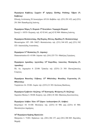 Περιφέρεια Καβάλας- Σερρών- 8η
Δράμας- Ξάνθης- Ροδόπης- Έβρου (Ν.
Καβάλας)
Εθνικής Αντίστασης 20 Διοικητήριο- 65110- Καβάλα- τηλ. (251) 291 432, φαξ (251)
291 504- Παπαθεμελής Ιωάννης
Περιφέρεια Μέρος Ν. Πειραιά- 9η
Κυκλάδων- Νομαρχία Πειραιά
Σκουζέ 1- 18535- Πειραιάς- τηλ. 42 92 641, φαξ 42 92 908- Μπάσιος Ιωάννης
Περιφέρεια Θεσσαλονίκης, 10η Πιερίας, Πέλλας, Ημαθίας (Ν. Θεσσαλονίκης)
Μοναστηρίου 107- 109- 54627- Θεσσαλονίκη- τηλ. (231) 544 655, φαξ (231) 542
525- Αποστολίδης Αναστάσιος
Περιφέρεια 11η
Θεσσαλίας (Ν. Λάρισας)
Παπαναστασίου 63- 41100- Λάρισα- τηλ. (241) 253 731- Μπάτζιας Γρηγόριος
Περιφέρεια Αρκαδίας- Αργολίδας- 12η
Κορινθίας- Λακωνίας- Μεσσηνίας (Ν.
Αρκαδίας)
Πλ. Αγ. Δημητρίου 4- 22100- Τρίπολη- τηλ. (2231) 21 385- Πανταζόπουλος
Γεώργιος
Περιφέρεια Βοιωτίας- Εύβοιας- 13η
Φθιώτιδας- Φωκίδας- Ευρυτανίας (Ν.
Φθιώτιδας)
Υψηλάντου 16- 35100- Λαμία- τηλ. (2231) 21 385- Κούτκιας Βασίλειος
Περιφέρεια Γρεβενών- Κοζάνης- 14η
Καστοριάς- Φλώρινας (Ν. Κοζάνης)
Χαρισίου Μούκα 3- 50100- Κοζάνη- τηλ. (2461) 41 446- Μπούσιος Κωνσταντίνος
Περιφέρεια Λέσβου- Χίου- 15η
Σάμου- Δωδεκανήσου (Ν. Λέσβου)
Βουρνάζων 10- 81100- Μυτιλήνη- τηλ. (2251) 43 900, φαξ (2251) 43 900-
Μανιάτογλου Δημήτριος
16η
Περιφέρεια Κρήτης Ηρακλείου
Μπιζανίου 1- 71201- Ηράκλειο- τηλ. (281) 286 157, φαξ (281) 288 805- Βερνάδος
Μιχαήλ
 