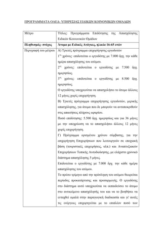 ΠΡΟΓΡΑΜΜΑΤΑ ΟΑΕΔ- ΥΠΗΡΕΣΙΑΣ ΕΙΔΙΚΩΝ ΚΟΙΝΟΝΙΚΩΝ ΟΜΑΔΩΝ
Μέτρο Τίτλος: Προγράμματα Επιδότησης της Απασχόλησης
Ειδικών Κοινωνικών Ομάδων
Πληθυσμός- στόχος Άτομα με Ειδικές Ανάγκες, ηλικία 16-65 ετών
Περιγραφή του μέτρου Α) Τριετές πρόγραμμα επιχορήγησης εργοδοτών
1ος
χρόνος: επιδοτείται ο εργοδότης με 7.000 δρχ. την κάθε
ημέρα απασχόλησης του ατόμου.
2ος
χρόνος: επιδοτείται ο εργοδότης με 7.500 δρχ.
ημερησίως.
3ος
χρόνος: επιδοτείται ο εργοδότης με 8.500 δρχ.
ημερησίως.
Ο εργοδότης υποχρεούται να απασχολήσει το άτομο άλλους
12 μήνες χωρίς επιχορήγηση.
Β) Τριετές πρόγραμμα επιχορήγησης εργοδοτών, μερικής
απασχόλησης, για άτομα που δε μπορούν να ανταποκριθούν
στις απαιτήσεις πλήρους ωραρίου.
Ποσό επιδότησης: 5.500 δρχ. ημερησίως και για 36 μήνες
με την υποχρέωση να το απασχολήσει άλλους 12 μήνες
χωρίς επιχορήγηση.
Γ) Πρόγραμμα ορισμένου χρόνου σύμβασης, για την
επιχορήγηση Επιχειρήσεων που λειτουργούν σε εποχιακή
βάση (τουριστικές επιχειρήσεις, κλπ.) και Αναπτυξιακών
Επιχειρήσεων Τοπικής Αυτοδιοίκησης, με ελάχιστο χρονικό
διάστημα απασχόλησης 5 μήνες.
Επιδοτείται ο εργοδότης με 7.000 δρχ. την κάθε ημέρα
απασχόλησης του ατόμου.
Το πρώτο τρίμηνο από την πρόσληψη του ατόμου θεωρείται
περίοδος προκατάρτισης και προσαρμογής. Ο εργοδότης
στο διάστημα αυτό υποχρεούται να εκπαιδεύσει το άτομο
στο αντικείμενο απασχόλησής του και να το βοηθήσει να
ενταχθεί ομαλά στην παραγωγική διαδικασία και γι' αυτές
τις ενέργειες επιχορηγείται με το επιπλέον ποσό των
 