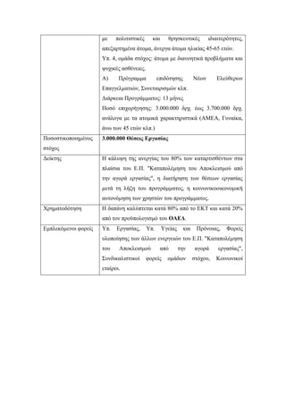 με πολιτιστικές και θρησκευτικές ιδιαιτερότητες,
απεξαρτημένα άτομα, άνεργα άτομα ηλικίας 45-65 ετών.
Υπ. 4, ομάδα στόχος: άτομα με διανοητικά προβλήματα και
ψυχικές ασθένειες.
Α) Πρόγραμμα επιδότησης Νέων Ελεύθερων
Επαγγελματιών, Συνεταιρισμών κλπ.
Διάρκεια Προγράμματος: 13 μήνες
Ποσό επιχορήγησης: 3.000.000 δρχ. έως 3.700.000 δρχ.
ανάλογα με τα ατομικά χαρακτηριστικά (ΑΜΕΑ, Γυναίκα,
άνω των 45 ετών κλπ.)
Ποσοστικοποιημένος
στόχος
3.000.000 Θέσεις Εργασίας
Δείκτης Η κάλυψη της ανεργίας του 80% των καταρτισθέντων στα
πλαίσια του Ε.Π. "Καταπολέμηση του Αποκλεισμού από
την αγορά εργασίας", η διατήρηση των θέσεων εργασίας
μετά τη λήξη του προγράμματος, η κοινωνικοοικονομική
αυτονόμηση των χρηστών του προγράμματος.
Χρηματοδότηση Η δαπάνη καλύπτεται κατά 80% από το ΕΚΤ και κατά 20%
από τον προϋπολογισμό του ΟΑΕΔ.
Εμπλεκόμενοι φορείς Υπ. Εργασίας, Υπ. Υγείας και Πρόνοιας, Φορείς
υλοποίησης των άλλων ενεργειών του Ε.Π. "Καταπολέμηση
του Αποκλεισμού από την αγορά εργασίας",
Συνδικαλιστικοί φορείς ομάδων στόχου, Κοινωνικοί
εταίροι.
 