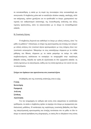 σε αυτοπεποίθηση, η οποία με τη σειρά της συνεισφέρει στην αυτοαποδοχή και
αυτογνωσία. Ο σύμβουλος μέσα από το κατάλληλο πλαίσιο επαφής, αποδοχής, αλλά
και απόρριψης, εφόσον χρειάζεται για να οριοθετηθεί το άτομο, χρησιμοποιεί την
τεχνική του καθρεπτισμού (mirroring), της λογικοθυμικής ανάλυσης και άλλες
τεχνικές προσεγγίσεις, ώστε να επικοινωνήσει με το άτομο σε συναισθηματικό
επίπεδο.
Β. Γνωστικός Άξονας
Ο σύμβουλος διερευνά και καθοδηγεί το άτομο με ειδικές ανάγκες, ώστε "να
μάθει να μαθαίνει". Ειδικότερα, οι στόχοι της προετοιμασίας και ένταξης των ατόμων
με ειδικές ανάγκες στο γνωστικό άξονα προσομοιάζουν με τους στόχους όλων των
γνωστικών αντικειμένων. Μπορούμε να τους κατατάξουμε σύμφωνα με τα στάδια
μάθησης του Bloom, σύμφωνα με τα οποία μπορούμε να πούμε ότι κάθε
συμβουλευόμενος επιδιώκεται να καταφέρει να αναρριχηθεί στην υψηλότερη
βαθμίδα γνώσης, δηλαδή την κρίση & αξιολόγηση σε δύο ξεχωριστά επίπεδα: τη
γνώση σχετικά με τα επαγγέλματα, καθώς και τη γνώση σχετικά με τον εαυτό του και
τα επαγγέλματα.
Στόχοι των δράσεων που προτείνονται στο γνωστικό άξονα
Οι βαθμίδες που της γνωστικής ανάπτυξης είναι οι εξής:
Γνώση
Κατανόηση
Εφαρμογή
Ανάλυση
Σύνθεση
Αξιολόγηση
Για την αναρρίχηση σε καθεμία από αυτές είναι απαραίτητα τα κατάλληλα
ερεθίσματα, τα οποία ο σύμβουλος πρέπει να παρέχει στο άτομο με πειραματικές και
διαλεκτικές μεθόδους. Η κατάκτηση της υψηλότερης γνωστικής βαθμίδας στο θέμα
της επαγγελματικής προετοιμασίας και ένταξης συνίσταται στο να μάθει το ίδιο το
άτομο να αποκτά πρόσβαση στις πληροφορίες, οι οποίες θα το οδηγήσουν στη γνώση
 