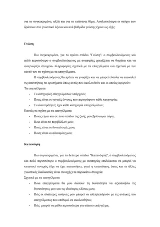 για το συγκεκριμένο, αλλά και για το εκάστοτε θέμα. Αναλυτικότερα οι στόχοι των
δράσεων στο γνωστικό άξονα και ανά βαθμίδα γνώσης έχουν ως εξής:
Γνώση
Πιο συγκεκριμένα, για το πρώτο στάδιο "Γνώση", ο συμβουλευόμενος και
πολύ περισσότερο ο συμβουλευόμενος με αναπηρίες χρειάζεται να θυμάται και να
αναγνωρίζει στοιχεία- πληροφορίες σχετικά με τα επαγγέλματα και σχετικά με τον
εαυτό του σε σχέση με τα επαγγέλματα.
Ο συμβουλευόμενος θα πρέπει να γνωρίζει και να μπορεί εύκολα να ανακαλεί
τις απαντήσεις σε ερωτήματα όπως αυτές που ακολουθούν και οι οποίες αφορούν:
Τα επαγγέλματα
- Τι κατηγορίες επαγγελμάτων υπάρχουν;
- Ποιες είναι οι γενικές έννοιες που περιγράφουν κάθε κατηγορία;
- Τι ιδιαιτερότητες έχει κάθε κατηγορία επαγγελμάτων;
Εαυτός σε σχέση με τα επαγγέλματα
- Ποιος είμαι και σε ποιο στάδιο της ζωής μου βρίσκομαι τώρα;
- Ποιο είναι το περιβάλλον μου;
- Ποιες είναι οι δυνατότητές μου;
- Ποιες είναι οι αδυναμίες μου;
Κατανόηση
Πιο συγκεκριμένα, για το δεύτερο στάδιο "Κατανόηση", ο συμβουλευόμενος
και πολύ περισσότερο ο συμβουλευόμενος με αναπηρίες επιδιώκεται να μπορεί να
κατανοεί συνεχώς (όχι να έχει κατανοήσει, γιατί η κατανόηση, όπως και οι άλλες
γνωστικές διαδικασίες είναι συνεχής) τα παρακάτω στοιχεία:
Σχετικά με τα επαγγέλματα
- Ποια επαγγέλματα θα μου δώσουν τη δυνατότητα να αξιοποιήσω τις
δυνατότητες μου και τις ιδιαίτερες κλίσεις μου;
- Πώς οι ιδιαίτερες ανάγκες μου μπορεί να αλληλεπιδρούν με τις ανάγκες του
επαγγέλματος που επιθυμώ να ακολουθήσω;
- Πώς μπορώ να μάθω περισσότερα για κάποιο επάγγελμα;
 