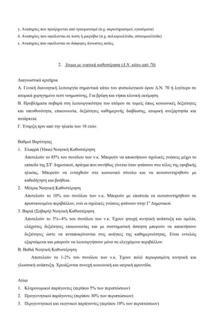 γ. Αναπηρίες που προέρχονται από τραυματισμό (π.χ. ακρωτηριασμοί, εγκαύματα)
δ. Αναπηρίες που οφείλονται σε ίωση ή μικρόβιο (π.χ. πολιομυελίτιδα, οστεομυελίτιδα)
ε. Αναπηρίες που οφείλονται σε διάφορες άγνωστες αιτίες.
2. Άτομα με νοητική καθυστέρηση (Δ.Ν. κάτω από 70)
Διαγνωστικά κριτήρια
Α. Γενική διανοητική λειτουργία σημαντικά κάτω του φυσιολογικού όρου Δ.Ν. 70 ή λιγότερο σε
ατομικά χορηγημένο τεστ νοημοσύνης. Για βρέφη και νήπια κλινική εκτίμηση.
Β. Προβλήματα σοβαρά στη λειτουργικότητα του ατόμου σε τομείς όπως κοινωνικές δεξιότητες
και υπευθυνότητα, επικοινωνία, δεξιότητες καθημερινής διαβίωσης, ατομική ανεξαρτησία και
αυτάρκεια.
Γ. Έναρξη πριν από την ηλικία των 18 ετών.
Βαθμοί Βαρύτητας
1. Ελαφρά (Ήπια) Νοητική Καθυστέρηση
Αποτελούν το 85% του συνόλου των ν.κ. Μπορούν να αποκτήσουν σχολικές γνώσεις μέχρι το
επίπεδο της ΣΤ' Δημοτικού, πράγμα που συνήθως γίνεται όταν φτάσουν στο τέλος της εφηβικής
ηλικίας. Μπορούν να ενταχθούν στο κοινωνικό σύνολο και να αυτοσυντηρηθούν με
καθοδήγηση και βοήθεια.
2. Μέτρια Νοητική Καθυστέρηση
Αποτελούν το 10% του συνόλου των ν.κ. Μπορούν με εποπτεία να αυτοσυντηρηθούν σε
προστατευμένο περιβάλλον, ενώ οι σχολικές γνώσεις φτάνουν στην Γ' Δημοτικού.
3. Βαριά (Σοβαρή) Νοητική Καθυστέρηση.
Αποτελούν το 3%--4% του συνόλου των ν.κ. Έχουν φτωχή κινητική ανάπτυξη και ομιλία,
ελάχιστες δεξιότητες επικοινωνίας και με συστηματική άσκηση μπορούν να αποκτήσουν
δεξιότητες ώστε να ανταποκρίνονται στις ανάγκες της καθημερινότητας. Είναι εντελώς
εξαρτώμενα και μπορούν να λειτουργήσουν μόνο σε ελεγχόμενο περιβάλλον.
Β. Βαθιά Νοητική Καθυστέρηση
Αποτελούν το 1-2% του συνόλου των ν.κ. Έχουν πολύ περιορισμένη κινητική και
γλωσσική ανάπτυξη. Χρειάζονται συνεχή κοινωνική και ιατρική φροντίδα.
Αίτια
1. Κληρονομικοί παράγοντες (περίπου 5% των περιπτώσεων)
2. Προγεννητικοί παράγοντες (περίπου 30% των περιπτώσεων)
3. Περιγεννητικοί και νεογνικοί παράγοντες (περίπου 10% των περιπτώσεων)
 