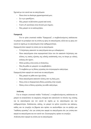 Σχετικά με τον εαυτό και τα επαγγέλματα
- Ποια είναι τα ιδιαίτερα χαρακτηριστικά μου;
- Σε τι με εμποδίζουν;
- Πώς μπορώ να βελτιώσω μερικά από αυτά;
- Γιατί η Χ ικανότητα είναι δυνατό μου σημείο;
- Πώς μπορώ να το καλλιεργήσω;
Εφαρμογή
Για το τρίτο γνωστικό στάδιο "Εφαρμογή", ο συμβουλευόμενος επιδιώκεται
να μπορεί να μεταφέρει και τη γνώση ως προς τα επαγγέλματα, αλλά και ως προς τον
εαυτό σε σχέση με τα επαγγέλματα στην καθημερινότητα.
Εφαρμογή όσον αφορά τη γνώση για τα επαγγέλματα
- Τι δεξιότητες απαιτούν τα επαγγέλματα που με ενδιαφέρουν;
- Ποια επαγγέλματα είναι περιοριστικά λόγω του ότι απαιτούν δεξιότητες και
κλίσεις τις οποίες εξαιτίας της ειδικής κατάστασής τους τα άτομα με ειδικές
ανάγκες δεν έχουν;
- Πόσο μεγάλες είναι αυτές οι δυσκολίες;
- Πώς θα μάθω αν μπορούν να υπερβληθούν;
- Τι συμβαίνει με τις θέσεις εργασίας στο συγκεκριμένο επάγγελμα;
Εφαρμογή όσον αφορά τον εαυτό και τα επαγγέλματα
- Πώς μπορώ να μάθω που έχω κλίση;
- Ποια επαγγέλματα απαιτούν κλίσεις σαν τις δικές μου;
- Ποιες είναι οι διαφορετικές θέσεις εργασίας στην αγορά;
- Πόσες είναι οι θέσεις εργασίας για κάθε επάγγελμα;
Ανάλυση
Για το τέταρτο γνωστικό στάδιο "Ανάλυση", ο συμβουλευόμενος επιδιώκεται να
μπορεί να ανακαλύπτει τα επιμέρους στοιχεία που αποτελούν το σύνολο της γνώσης
για τα επαγγέλματα και τον εαυτό σε σχέση με τα επαγγέλματα και την
καθημερινότητα. Επιδιώκεται, επίσης, να μπορεί να κρίνει γεγονότα και απόψεις,
καθώς και να γνωρίζει τα βήματα που πρέπει να ακολουθήσει για να φτιάξει μια
"υπόθεση εργασίας" είτε για γνώση που αφορά τα επαγγέλματα είτε για γνώση που
αφορά τα επαγγέλματα και τον εαυτό του. Συγκεκριμένα, πρέπει να γνωρίζει:
Ανάλυση όσον αφορά τη γνώση για τα επαγγέλματα
 