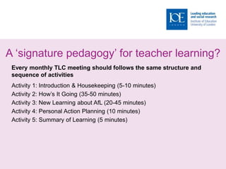 A ‘signature pedagogy’ for teacher learning?
Every monthly TLC meeting should follows the same structure and
sequence of activities
Activity 1: Introduction & Housekeeping (5-10 minutes)
Activity 2: How’s It Going (35-50 minutes)
Activity 3: New Learning about AfL (20-45 minutes)
Activity 4: Personal Action Planning (10 minutes)
Activity 5: Summary of Learning (5 minutes)
 