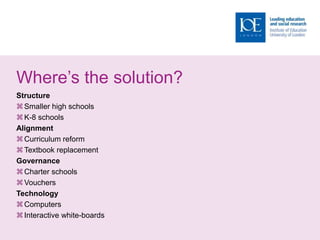 Where’s the solution?
Structure
Smaller high schools
K-8 schools
Alignment
Curriculum reform
Textbook replacement
Governance
Charter schools
Vouchers
Technology
Computers
Interactive white-boards
 