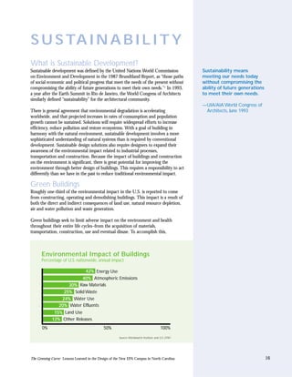 S U S TA I N A B I L I T Y
What is Sustainable Development?
Sustainable development was defined by the United Nations World Commission                         Sustainability means
on Environment and Development in the 1987 Brundtland Report, as “those paths                      meeting our needs today
of social economic and political progress that meet the needs of the present without               without compromising the
compromising the ability of future generations to meet their own needs.”1 In 1993,                 ability of future generations
a year after the Earth Summit in Rio de Janeiro, the World Congress of Architects                  to meet their own needs.
similarly defined “sustainability” for the architectural community.
                                                                                                   —UIA/AIA World Congress of
There is general agreement that environmental degradation is accelerating                           Architects, June 1993
worldwide, and that projected increases in rates of consumption and population
growth cannot be sustained. Solutions will require widespread efforts to increase
efficiency, reduce pollution and restore ecosystems. With a goal of building in
harmony with the natural environment, sustainable development involves a more
sophisticated understanding of natural systems than is required by conventional
development. Sustainable design solutions also require designers to expand their
awareness of the environmental impact related to industrial processes,
transportation and construction. Because the impact of buildings and construction
on the environment is significant, there is great potential for improving the
environment through better design of buildings. This requires a responsibility to act
differently than we have in the past to reduce traditional environmental impact.

Green Buildings
Roughly one-third of the environmental impact in the U.S. is reported to come
from constructing, operating and demolishing buildings. This impact is a result of
both the direct and indirect consequences of land use, natural resource depletion,
air and water pollution and waste generation.

Green buildings seek to limit adverse impact on the environment and health
throughout their entire life cycles–from the acquisition of materials,
transportation, construction, use and eventual disuse. To accomplish this,



      Environmental Impact of Buildings
      Percentage of U.S. nationwide, annual impact

                             42% Energy Use
                           40% Atmospheric Emissions
                     30% Raw Materials
                   25% Solid Waste
                  24% Water Use
                 20% Water Effluents
              15% Land Use
             12% Other Releases
       0%                                    50%                                       100%

                                                      Source: Worldwatch Institute and U.S. EPA2




The Greening Curve: Lessons Learned in the Design of the New EPA Campus in North Carolina                                          16
 