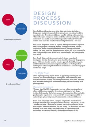 DESIGN
     COST                       PROCESS
                                DISCUSSION
                    FUNCTION
                                Green buildings challenge the norms of the design and construction industry.
                                Design teams must actively search for better alternatives to conventional models to
                                successfully reduce the environmental impact related to buildings and construction.
                                This search requires an improved decision model that balances cost, function and the
                                environment. The result is an approach that expands the traditional “cost-benefit”
Traditional Decision Model
                                decision model to one that includes environmental performance as a core value.

                                Early on, the design team focused on explicitly defining environmental objectives,
                                then tracking progress at each stage of design. To support this effort, an open,
                                collaborative process was established which enhanced dialogue and decision
                                making. The group found that design innovations led not only to the creation of a
                                more environmentally sound facility, but to improved quality and lower operating
                                costs as well.
                  ENVIRONMENT
                                Even though this green design process required extensive research and
                                investigation of design alternatives, the group found that the overall design process
                                gained efficiencies from the use of an inclusive approach. Guided by clear goals
     COST                       and defined milestones, this approach gave a sharp focus to the design effort,
                                enabling more to be accomplished within the boundaries of a conventional project
                                schedule and budget.


                    FUNCTION    The Right Start
                                At the beginning of every project, there is an opportunity to define goals and
                                objectives and establish a strategy for meeting them. First and foremost, EPA
                                made a commitment to design and build a green building. From there, the design
                                team proceeded to incorporate environmental design goals into each stage of the
  Green Decision Model          planning process.

                                Making the Commitment
                                The sheer size of the EPA Campus project–over one million gross square feet of
                                offices and laboratories–magnified the environmental impact of each design
                                decision. Understanding that by its very nature, the construction of the new facility
                                posed a negative impact on the environment, EPA felt a strong responsibility to
                                explore design options that promised to minimize this environmental burden.

                                In one of the early design reviews, a proposal was presented to route the road
                                leading to the new Campus through an area that featured a 100-year-old Oak tree.
                                The EPA team made a decision to re-route the road rather than sacrifice the tree
                                even though it did require additional time and money. This decision not only sent
                                a message to the entire project team underscoring the commitment to the
                                environment, it represented the reality of moving toward a green facility.




21                                                                                 Design Process Discussion: The Right Start
 