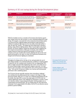 Summary of VE cost savings during the Design Development phase

ITEM               STRATEGY                                                      ENVIRONMENTAL                            CONSTRUCTION               LIFE CYCLE
                                                                                 BENEFIT                                  COST SAVINGS               COST IMPACT
Roadways and       Depart from federal site master plan requirements for        Greatly decreased road and                $2 million                 Less maintenance
Utility Lines      4–lane roads plus utility easements; design 2–lane roads and utility footprint – preserving site                                  and repair cost
                   bury electrical and communication lines under the road       woodlands and wetlands

Stormwater         Replace curb and gutter and oil–grit separators with           Improved on–site treatment              $500,000                   No increase or decrease
                   grassy swales, water quality ponds and bioretention            of stormwater


Atrium Skylight    Revise from all glass to one third glass, one third           Improved energy performance and indoor   $500,000                   Lower energy cost
                   insulated translucent panels and one third solid              environment–thermal comfort                                         ($50,000 / year)
                                                                                 and light quality
Laboratory         Install 250 specialized fume hoods and exhaust systems         Prevents consumption of large           $1.5 million               Lower energy cost
Exhaust Hoods      that reduce total air flow demand by 50% and eliminate         qualities of conditioned air                                       ($1 million / year)
                   dozens of fans




While the checklists served as a reminder of the decisions that had been agreed
upon, design reviews were also necessary to correct misunderstandings that would
emerge. For example, at one point late in the construction documentation phase,
it was discovered that a lighting designer had introduced a large quantity of
inefficient incandescent light sources in the entry lobby of the main facility to
make the space feel “warmer.” The design team had worked hard to develop a
pleasing, energy efficient, lighting scheme. When it was brought to the group’s
attention, the interior designers clarified that although fluorescent lighting may
have seemed unconventional in a lobby space in the past, color rendition of
compact fluorescent lamps had improved tremendously. If necessary, the
coloration of the space would be fine-tuned by adjusting the stain on the wood
panels and the paint on the walls. As a result, the construction documents were
changed and the fluorescent lighting was maintained.

Using Green Value Engineering
Throughout the design process, the issue of cost, and particularly the cost of                                                 Encourage the VE process to
green design strategies, was scrutinized judiciously. In addition to ongoing analysis                                          balance cost, function and
of options by the cost consultant and a member of the core design group, EPA                                                   environmental performance.
chose to engage in focused Value Engineering (VE) reviews. VE is often seen as
the enemy of good design in general and green design in particular. At its best
however, VE is not merely a cost-cutting exercise, but a review process to enhance                                             Include designers and
“value.” EPA used the VE process to balance cost, function and environmental                                                   environmental advocates on
performance when considering options.                                                                                          the VE review team.

The VE process became especially important when extraordinary challenges
were introduced by the political process that is unique to the design of a large
government facility. When the U.S. Senate was considering appropriations for the
new facility, they asked EPA to review the project again to see if the total cost
could be significantly reduced. This challenged VE participants to produce creative
cost reductions without compromising functionality, reducing program area or
compromising environmental goals. The core design group not only reduced the
total project cost by approximately $30 million, but the VE cost-reduction exercise
produced a greener building.




The Greening Curve: Lessons Learned in the Design of the New EPA Campus in North Carolina                                                                        34
 