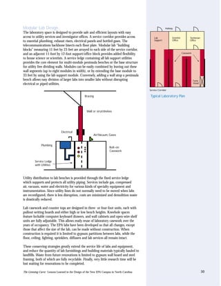 Modular Lab Design                                                                                        Hallway
The laboratory space is designed to provide safe and efficient layouts with easy
access to utility services and investigator offices. A service corridor provides access         Lab             Scientist         Technician
to essential plumbing, exhaust risers, electrical panels and bottled gases. The                 Support         Office            Office

telecommunications backbone bisects each floor plate. Modular lab “building
blocks” measuring 11 feet by 23 feet are arrayed to each side of the service corridor,
and an adjacent 11-foot by 12-foot support/office block provides added flexibility                                          Casework

to house science or scientists. A service ledge containing all lab support utilities
provides the core element for multi-module peninsula benches or the base structure
for utility free dividing walls. Modules can be easily combined by leaving out these
wall segments (up to eight modules in width), or by extending the base module to
33 feet by using the lab support module. Conversely, adding a wall atop a peninsula
bench allows easy division of larger labs into smaller labs without disrupting                                                         Fume
electrical or piped utilities.                                                                                                         Hood

                                                                                            Service Corridor

                                                  Bracing                                   Typical Laboratory Plan



                                                   Wall or strut/shelves




                               Electrical
                                                         Air/Vacuum, Gases


              Plumbing
                                                                      Bolt–on
                                                                      Casework


         Service Ledge
         with Utilities



Utility distribution to lab benches is provided through the fixed service ledge
which supports and protects all utility piping. Services include gas, compressed
air, vacuum, water and electricity for various kinds of specialty equipment and
instrumentation. Since utility lines do not normally need to be moved when labs
are reconfigured, there is less disruption, costs are minimized and demolition waste
is drastically reduced.

Lab casework and counter tops are designed in three- or four-foot units, each with
pullout writing boards and either high or low bench heights. Kneehole spaces
feature lockable computer keyboard drawers, and wall cabinets and open-wire shelf
units are fully adjustable. This allows ready reuse of laboratory casework over the
years of occupancy. The EPA labs have been developed so that all changes, except
those that affect the size of the lab, can be made without construction. When
construction is required it is limited to gypsum partitions between labs, while the
floor, ceiling, lighting, sprinklers, diffusers and lab services all remain intact.

These conserving strategies greatly extend the service life of labs and equipment,
and reduce the quantity of lab furnishings and building materials typically hauled to
landfills. Waste from future renovations is limited to gypsum wall board and steel
framing, both of which are fully recyclable. Finally, very little research time will be
lost waiting for renovations to be completed.

The Greening Curve: Lessons Learned in the Design of the New EPA Campus in North Carolina                                                      50
 