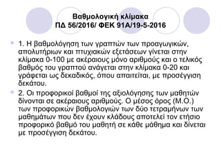 Βαθμολογική κλίμακα
ΠΔ 56/2016/ ΦΕΚ 91A/19-5-2016
 1. Η βαθμολόγηση των γραπτών των προαγωγικών,
απολυτήριων και πτυχιακών εξετάσεων γίνεται στην
κλίμακα 0-100 με ακέραιους μόνο αριθμούς και ο τελικός
βαθμός του γραπτού ανάγεται στην κλίμακα 0-20 και
γράφεται ως δεκαδικός, όπου απαιτείται, με προσέγγιση
δεκάτου.
 2. Οι προφορικοί βαθμοί της αξιολόγησης των μαθητών
δίνονται σε ακέραιους αριθμούς. Ο μέσος όρος (Μ.Ο.)
των προφορικών βαθμολογιών των δύο τετραμήνων των
μαθημάτων που δεν έχουν κλάδους αποτελεί τον ετήσιο
προφορικό βαθμό του μαθητή σε κάθε μάθημα και δίνεται
με προσέγγιση δεκάτου.
 