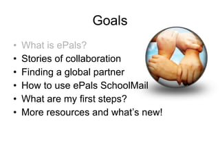 Goals What is ePals? Stories of collaboration Finding a global partner How to use ePals SchoolMail What are my first steps?  More resources and what’s new! 