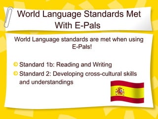 World Language Standards Met
With E-Pals
World Language standards are met when using
E-Pals!
Standard 1b: Reading and Writing
Standard 2: Developing cross-cultural skills
and understandings
 