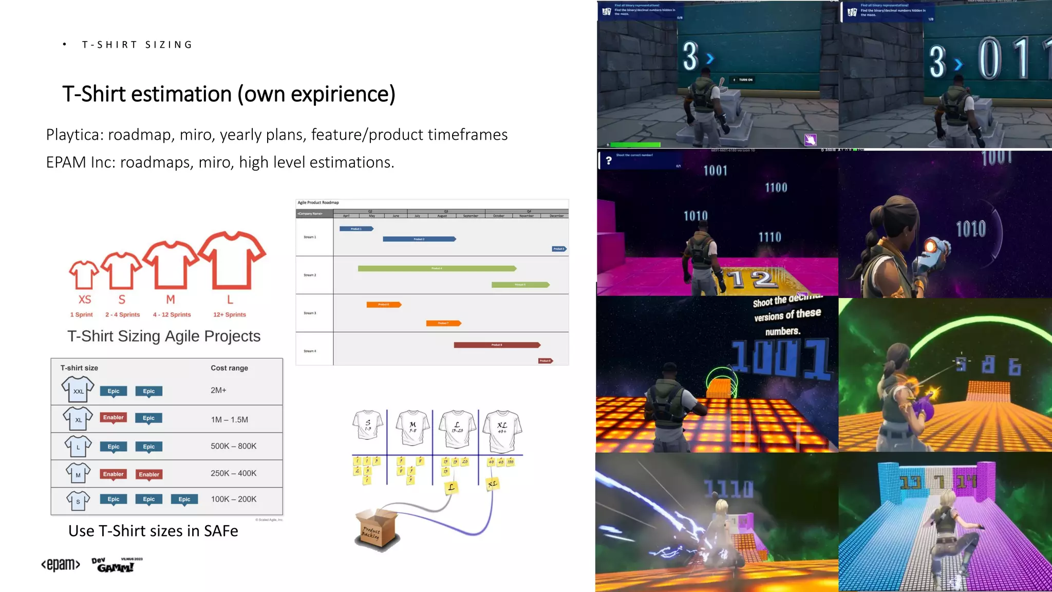 T-Shirt estimation (own expirience)
• T - S H I R T S I Z I N G
Playtica: roadmap, miro, yearly plans, feature/product timeframes
EPAM Inc: roadmaps, miro, high level estimations.
Use T-Shirt sizes in SAFe
 