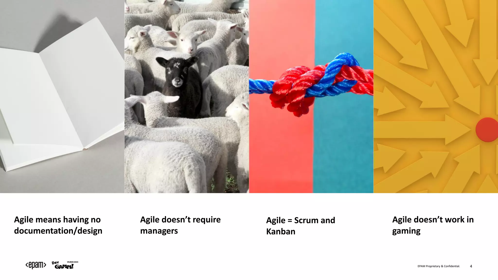 EPAM Proprietary & Confidential. 4
Agile means having no
documentation/design
Agile doesn’t require
managers
Agile = Scrum and
Kanban
Agile doesn’t work in
gaming
 