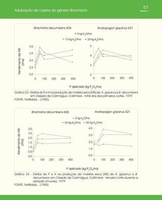 57
Adubação de capins do gênero Brachiaria
Gráfico 23 - Efeitos do P e K na produção de matéria seca (MS) de A. gayanus e B. decumbens
em Oxissolo de Carimágua, Colômbia - total dos dois primeiros cortes, 1979
FONTE: Fertilidad... (1980).
Brachiaria decumbens 606
2,0
2,5
3,0
3,5
4,0
0 100 200 300 400
P aplicado (kg P2
O5
/ha)
RendimentodeMS
(t/ha)
0 kg K2
O/ha
10 kg K2
O/ha 20 kg K2
O/ha
Andropogon gayanus 621
2
3
4
5
0 100 200 300 400
Gráfico 24 - Efeitos do P e K na produção de matéria seca (MS) de A. gayanus e B.
decumbens em Oxissolo de Carimágua, Colômbia - terceiro corte durante a
estação chuvosa, 1979
FONTE: Fertilidad... (1980).
RendimentodeMS
(t/ha)
Brachiaria decumbens 606 Andropogon gayanus 621
P aplicado (kg P2
O5
/ha)
0,0
0,5
1,0
1,5
2,0
2,5
3,0
0 100 200 300 400
0 kg K2
O/ha
20 kg K2
O/ha 50 kg K2
O/ha
0,0
1,0
2,0
3,0
4,0
0 100 200 300 400
 
