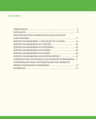 SUMÁRIO
APRESENTAÇÃO................................................................................... 8
INTRODUÇÃO...................................................................................... 9
PRINCIPAIS DEFICIÊNCIAS MINERAIS DOS SOLOS UTILIZADOS
COM PASTAGENS................................................................................. 11
RESPOSTA DAS BRAQUIÁRIAS À APLICAÇÃO DE CALCÁRIO................... 16
RESPOSTA DAS BRAQUIÁRIAS AO FÓSFORO.......................................... 23
RESPOSTA DAS BRAQUIÁRIAS AO NITROGÊNIO...................................... 42
RESPOSTA DAS BRAQUIÁRIAS AO POTÁSSIO........................................... 55
RESPOSTA DAS BRAQUIÁRIAS AO ENXOFRE........................................... 62
RESPOSTA DAS BRAQUIÁRIAS AOS MICRONUTRIENTES............................ 67
ALTERNATIVAS PARA RECUPERAÇÃO DAS PASTAGENS DE BRAQUIÁRIAS... 71
CONSIDERAÇÕES FINAIS E RECOMENDAÇÕES PARA ADUBAÇÃO
MÍNIMA EM PASTAGENS DE BRAQUIÁRIAS.............................................. 77
REFERÊNCIAS....................................................................................... 79
 