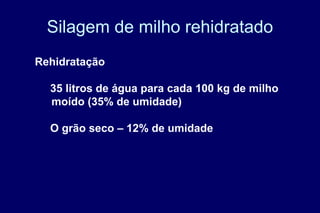 Silagem de milho rehidratado
Rehidratação
35 litros de água para cada 100 kg de milho
moído (35% de umidade)
O grão seco – 12% de umidade
 