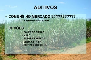 ADITIVOS
• COMUNS NO MERCADO ???????????
» Lactobacillus buchneri
• OPÇÕES
» POLPA DE CITRUS
» MDPS
» FUBAS E FARELOS
» URÉIA 0,5 - 1,5%
» ADITIVOS SECOS 4%
 