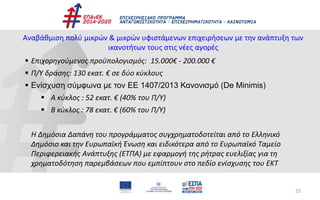 23
Αναβάθμιση πολύ μικρών & μικρών υφιστάμενων επιχειρήσεων με την ανάπτυξη των
ικανοτήτων τους στις νέες αγορές
 Επιχορηγούμενος προϋπολογισμός: 15.000€ - 200.000 €
 Π/Υ δράσης: 130 εκατ. € σε δύο κύκλους
 Ενίσχυση σύμφωνα με τον ΕΕ 1407/2013 Κανονισμό (De Minimis)
 A κύκλος : 52 εκατ. € (40% του Π/Υ)
 Β κύκλος : 78 εκατ. € (60% του Π/Υ)
Η Δημόσια Δαπάνη του προγράμματος συγχρηματοδοτείται από το Ελληνικό
Δημόσιο και την Ευρωπαϊκή Ένωση και ειδικότερα από το Ευρωπαϊκό Ταμείο
Περιφερειακής Ανάπτυξης (ΕΤΠΑ) με εφαρμογή της ρήτρας ευελιξίας για τη
χρηματοδότηση παρεμβάσεων που εμπίπτουν στο πεδίο ενίσχυσης του ΕΚΤ
 