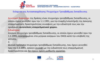 45
Ενίσχυση της Αυτοαπασχόλησης Πτυχιούχων Τριτοβάθμιας Εκπαίδευσης
Δυνητικοί δικαιούχοι της δράσης είναι πτυχιούχοι τριτοβάθμιας Εκπαίδευσης, οι
οποίοι έχουν γεννηθεί πριν την 1.1.1991, για την έναρξη/υποστήριξη της άσκησης
επαγγελματικής δραστηριότητας συναφούς με την ειδικότητά τους και την
οργάνωση αυτοτελούς επαγγελματικού χώρου.
Ειδικότερα:
άνεργοι πτυχιούχοι τριτοβάθμιας Εκπαίδευσης, οι οποίοι έχουν γεννηθεί πριν την
1.1.1991, εγγεγραμμένοι στα μητρώα ανέργων του ΟΑΕΔ κατά την υποβολή της
αίτησης,
ή
φυσικά πρόσωπα πτυχιούχοι τριτοβάθμιας Εκπαίδευσης, που έχουν γεννηθεί
πριν την 1.1.1991, ασκούν συναφή με την ειδικότητά τους επαγγελματική
δραστηριότητα και δεν έχουν σχέση μισθωτής εργασίας.
 