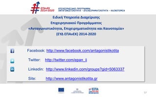 57
Facebook: http://www.facebook.com/antagonistikotita
Twitter: http://twitter.com/epan_ii
Linkedin: http://www.linkedin.com/groups?gid=5063337
Site: http://www.antagonistikotita.gr
Ειδική Υπηρεσία Διαχείρισης
Επιχειρησιακού Προγράμματος
«Ανταγωνιστικότητα, Επιχειρηματικότητα και Καινοτομία»
(ΕΥΔ ΕΠΑνΕΚ) 2014-2020
 