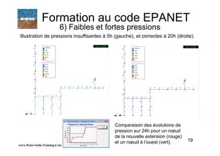 19
Illustration de pressions insuffisantes à 5h (gauche), et correctes à 20h (droite).
www.Water-Soils-Training.Com
Formation au code EPANET
6) Faibles et fortes pressions
Comparaison des évolutions de
pression sur 24h pour un nœud
de la nouvelle extension (rouge)
et un nœud à l’ouest (vert).
 