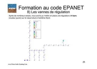 25
Après de nombreux essais, nous avons pu mettre en place une régulation à 4 bars
(couleur jaune) sur le nœud situé à l’extrême Nord.
www.Water-Soils-Training.Com
Formation au code EPANET
8) Les vannes de régulation
 
