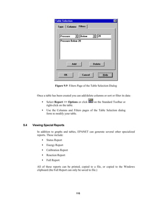 Figure 9.9 Filters Page of the Table Selection Dialog

Once a table has been created you can add/delete columns or sort or filter its data:
•
•

9.4

Select Report >> Options or click
right-click on the table.

Use the Columns and Filters pages of the Table Selection dialog
form to modify your table.

on the Standard Toolbar or

Viewing Special Reports
In addition to graphs and tables, EPANET can generate several other specialized
reports. These include:
•

Status Report

•

Energy Report

•

Calibration Report

•

Reaction Report

•

Full Report

All of these reports can be printed, copied to a file, or copied to the Windows
clipboard (the Full Report can only be saved to file.)

115

 