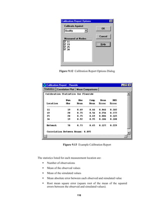 Figure 9.12 Calibration Report Options Dialog

Figure 9.13 Example Calibration Report

The statistics listed for each measurement location are:
•

Number of observations

•

Mean of the observed values

•

Mean of the simulated values

•

Mean absolute error between each observed and simulated value

•

Root mean square error (square root of the mean of the squared
errors between the observed and simulated values).
118

 