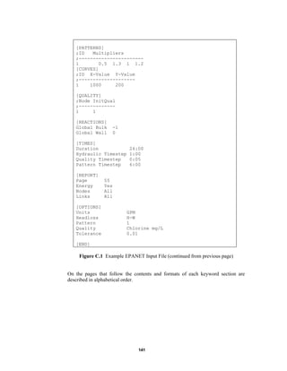 [PATTERNS]
;ID
Multipliers
;----------------------1
0.5 1.3 1 1.2
[CURVES]
;ID X-Value Y-Value
;-------------------1
1000
200
[QUALITY]
;Node InitQual
;------------1
1
[REACTIONS]
Global Bulk
Global Wall

-1
0

[TIMES]
Duration
Hydraulic Timestep
Quality Timestep
Pattern Timestep
[REPORT]
Page
Energy
Nodes
Links
[OPTIONS]
Units
Headloss
Pattern
Quality
Tolerance

24:00
1:00
0:05
6:00

55
Yes
All
All

GPM
H-W
1
Chlorine mg/L
0.01

[END]

Figure C.1 Example EPANET Input File (continued from previous page)

On the pages that follow the contents and formats of each keyword section are
described in alphabetical order.

141

 
