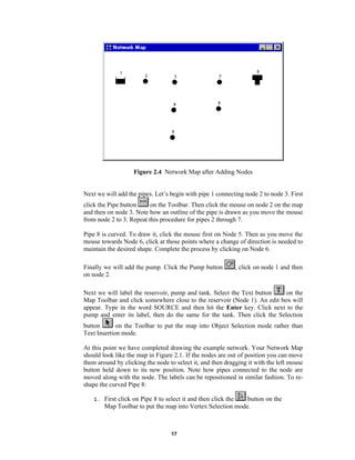 Figure 2.4 Network Map after Adding Nodes

Next we will add the pipes. Let’s begin with pipe 1 connecting node 2 to node 3. First
click the Pipe button
on the Toolbar. Then click the mouse on node 2 on the map
and then on node 3. Note how an outline of the pipe is drawn as you move the mouse
from node 2 to 3. Repeat this procedure for pipes 2 through 7.
Pipe 8 is curved. To draw it, click the mouse first on Node 5. Then as you move the
mouse towards Node 6, click at those points where a change of direction is needed to
maintain the desired shape. Complete the process by clicking on Node 6.
Finally we will add the pump. Click the Pump button
on node 2.

, click on node 1 and then

Next we will label the reservoir, pump and tank. Select the Text button
on the
Map Toolbar and click somewhere close to the reservoir (Node 1). An edit box will
appear. Type in the word SOURCE and then hit the Enter key. Click next to the
pump and enter its label, then do the same for the tank. Then click the Selection
button
on the Toolbar to put the map into Object Selection mode rather than
Text Insertion mode.
At this point we have completed drawing the example network. Your Network Map
should look like the map in Figure 2.1. If the nodes are out of position you can move
them around by clicking the node to select it, and then dragging it with the left mouse
button held down to its new position. Note how pipes connected to the node are
moved along with the node. The labels can be repositioned in similar fashion. To reshape the curved Pipe 8:
1.

First click on Pipe 8 to select it and then click the
button on the
Map Toolbar to put the map into Vertex Selection mode.

17

 