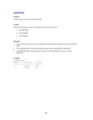 [VERTICES]
Purpose:
Assigns interior vertex points to network links.

Format:
One line for each point in each link containing such points that includes:

•

Link ID label

•

X-coordinate

•

Y-coordinate

Remarks:
a.

Vertex points allow links to be drawn as polylines instead of simple straight-lines between their end
nodes.

b.

The coordinates refer to the same coordinate system used for node and label coordinates.

c.

A [VERTICES] section is optional and is not used at all when EPANET is run as a console
application.

Example:
[COORDINATES]
;Node
X-Coord.
Y-Coord
;------------------------------1
10023
128
2
10056
95

177

 