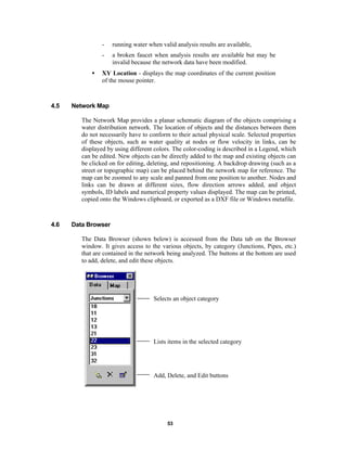 •

4.5

running water when valid analysis results are available,
a broken faucet when analysis results are available but may be
invalid because the network data have been modified.

XY Location - displays the map coordinates of the current position
of the mouse pointer.

Network Map
The Network Map provides a planar schematic diagram of the objects comprising a
water distribution network. The location of objects and the distances between them
do not necessarily have to conform to their actual physical scale. Selected properties
of these objects, such as water quality at nodes or flow velocity in links, can be
displayed by using different colors. The color-coding is described in a Legend, which
can be edited. New objects can be directly added to the map and existing objects can
be clicked on for editing, deleting, and repositioning. A backdrop drawing (such as a
street or topographic map) can be placed behind the network map for reference. The
map can be zoomed to any scale and panned from one position to another. Nodes and
links can be drawn at different sizes, flow direction arrows added, and object
symbols, ID labels and numerical property values displayed. The map can be printed,
copied onto the Windows clipboard, or exported as a DXF file or Windows metafile.

4.6

Data Browser
The Data Browser (shown below) is accessed from the Data tab on the Browser
window. It gives access to the various objects, by category (Junctions, Pipes, etc.)
that are contained in the network being analyzed. The buttons at the bottom are used
to add, delete, and edit these objects.

Selects an object category

Lists items in the selected category

Add, Delete, and Edit buttons

53

 
