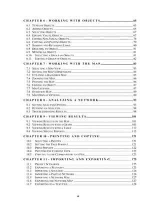 C H A P T E R 6 - W O R K I N G W I T H O B J E C T S.............................................. 65
6.1 TYPES OF OBJECTS ............................................................................................................. 65
6.2 ADDING OBJECTS ............................................................................................................... 65
6.3 SELECTING OBJECTS .......................................................................................................... 67
6.4 EDITING VISUAL OBJECTS ................................................................................................. 67
6.5 EDITING NON-VISUAL OBJECTS......................................................................................... 74
6.6 COPYING AND PASTING OBJECTS....................................................................................... 79
6.7 SHAPING AND REVERSING LINKS....................................................................................... 80
6.8 DELETING AN OBJECT ........................................................................................................ 81
6.9 MOVING AN OBJECT........................................................................................................... 81
6.10 SELECTING A GROUP OF OBJECTS .................................................................................. 81
6.11 EDITING A GROUP OF OBJECTS ...................................................................................... 82
C H A P T E R 7 - W O R K I N G W I T H T H E M A P ............................................. 83
7.1
7.2
7.3
7.4
7.5
7.6
7.7
7.8
7.9

SELECTING A MAP VIEW .................................................................................................... 83
SETTING THE MAP’S DIMENSIONS ..................................................................................... 84
UTILIZING A BACKDROP MAP ............................................................................................ 85
ZOOMING THE MAP ............................................................................................................ 86
PANNING THE MAP ............................................................................................................. 86
FINDING AN OBJECT ........................................................................................................... 87
MAP LEGENDS .................................................................................................................... 87
OVERVIEW MAP ................................................................................................................. 89
MAP DISPLAY OPTIONS...................................................................................................... 89

C H A P T E R 8 - A N A L Y Z I N G A N E T W O R K ................................................ 93
8.1 SETTING ANALYSIS OPTIONS ............................................................................................. 93
8.2 RUNNING AN ANALYSIS ..................................................................................................... 98
8.3 TROUBLESHOOTING RESULTS ............................................................................................ 98
C H A P T E R 9 - V I E W I N G R E S U L T S ............................................................... 101
9.1
9.2
9.3
9.4

VIEWING RESULTS ON THE MAP ...................................................................................... 101
VIEWING RESULTS WITH A GRAPH .................................................................................. 103
VIEWING RESULTS WITH A TABLE ................................................................................... 112
VIEWING SPECIAL REPORTS............................................................................................. 115

C H A P T E R 10 - P R I N T I N G A N D C O P Y I N G ............................................ 121
10.1
10.2
10.3
10.4
10.5

SELECTING A PRINTER ................................................................................................. 121
SETTING THE PAGE FORMAT ........................................................................................ 121
PRINT PREVIEW ............................................................................................................ 122
PRINTING THE CURRENT VIEW .................................................................................... 122
COPYING TO THE CLIPBOARD OR TO A FILE................................................................. 123

C H A P T E R 1 1 - I M P O R T I N G A N D E X P O R T I N G .............................. 125
11.1
11.2
11.3
11.4
11.5
11.6
11.7

PROJECT SCENARIOS .................................................................................................... 125
EXPORTING A SCENARIO .............................................................................................. 125
IMPORTING A SCENARIO .............................................................................................. 126
IMPORTING A PARTIAL NETWORK ............................................................................... 126
IMPORTING A NETWORK MAP ...................................................................................... 127
EXPORTING THE NETWORK MAP ................................................................................. 127
EXPORTING TO A TEXT FILE......................................................................................... 128

vi

 