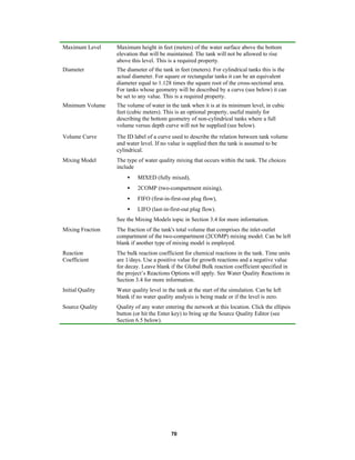 Maximum Level

Maximum height in feet (meters) of the water surface above the bottom
elevation that will be maintained. The tank will not be allowed to rise
above this level. This is a required property.

Diameter

The diameter of the tank in feet (meters). For cylindrical tanks this is the
actual diameter. For square or rectangular tanks it can be an equivalent
diameter equal to 1.128 times the square root of the cross-sectional area.
For tanks whose geometry will be described by a curve (see below) it can
be set to any value. This is a required property.

Minimum Volume

The volume of water in the tank when it is at its minimum level, in cubic
feet (cubic meters). This is an optional property, useful mainly for
describing the bottom geometry of non-cylindrical tanks where a full
volume versus depth curve will not be supplied (see below).

Volume Curve

The ID label of a curve used to describe the relation between tank volume
and water level. If no value is supplied then the tank is assumed to be
cylindrical.

Mixing Model

The type of water quality mixing that occurs within the tank. The choices
include
•

MIXED (fully mixed),

•

2COMP (two-compartment mixing),

•

FIFO (first-in-first-out plug flow),

•

LIFO (last-in-first-out plug flow).

See the Mixing Models topic in Section 3.4 for more information.
Mixing Fraction

The fraction of the tank's total volume that comprises the inlet-outlet
compartment of the two-compartment (2COMP) mixing model. Can be left
blank if another type of mixing model is employed.

Reaction
Coefficient

The bulk reaction coefficient for chemical reactions in the tank. Time units
are 1/days. Use a positive value for growth reactions and a negative value
for decay. Leave blank if the Global Bulk reaction coefficient specified in
the project’s Reactions Options will apply. See Water Quality Reactions in
Section 3.4 for more information.

Initial Quality

Water quality level in the tank at the start of the simulation. Can be left
blank if no water quality analysis is being made or if the level is zero.

Source Quality

Quality of any water entering the network at this location. Click the ellipsis
button (or hit the Enter key) to bring up the Source Quality Editor (see
Section 6.5 below).

70

 