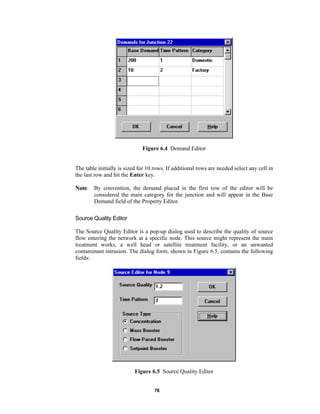Figure 6.4 Demand Editor

The table initially is sized for 10 rows. If additional rows are needed select any cell in
the last row and hit the Enter key.
Note: By convention, the demand placed in the first row of the editor will be
considered the main category for the junction and will appear in the Base
Demand field of the Property Editor.
Source Quality Editor
The Source Quality Editor is a pop-up dialog used to describe the quality of source
flow entering the network at a specific node. This source might represent the main
treatment works, a well head or satellite treatment facility, or an unwanted
contaminant intrusion. The dialog form, shown in Figure 6.5, contains the following
fields:

Figure 6.5 Source Quality Editor
78

 